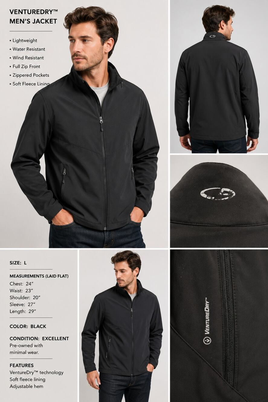 Champion VentureDry Black Soft Shell Jacket Men's Large Fleece Lined Full Zip